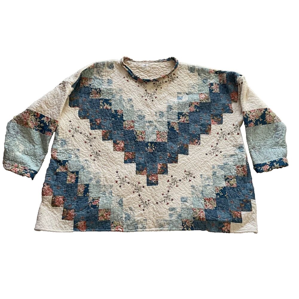 Handmade Vintage Quilt Patchwork Jacket Blue Ivor… - image 6